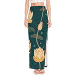 Vintage Lotus Pattern Print High Slit Maxi Skirt