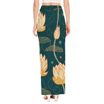 Vintage Lotus Pattern Print High Slit Maxi Skirt