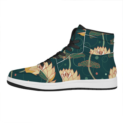 Vintage Lotus Pattern Print High Top Leather Sneakers