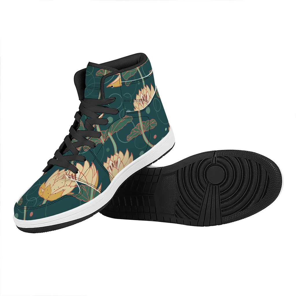 Vintage Lotus Pattern Print High Top Leather Sneakers