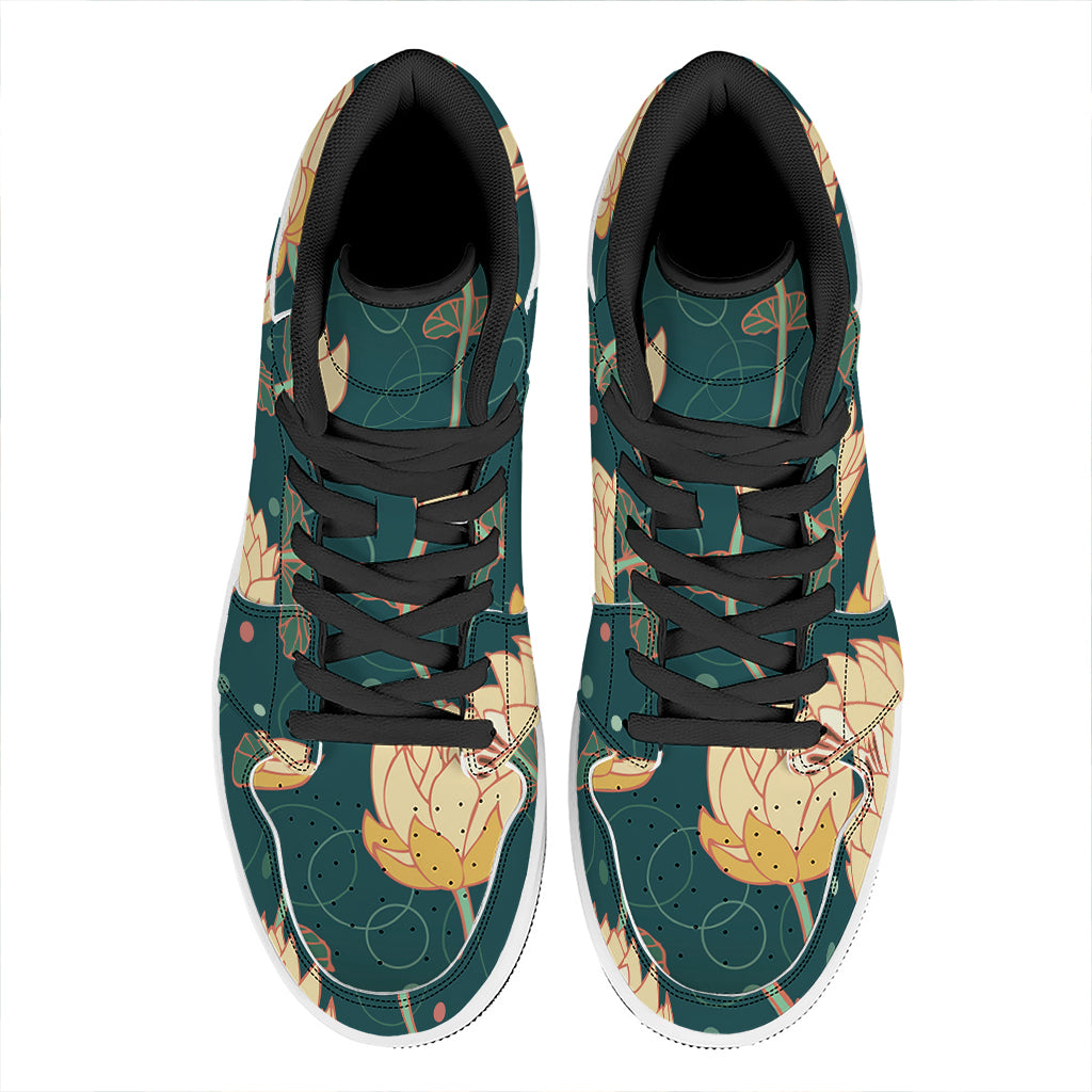 Vintage Lotus Pattern Print High Top Leather Sneakers
