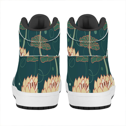Vintage Lotus Pattern Print High Top Leather Sneakers