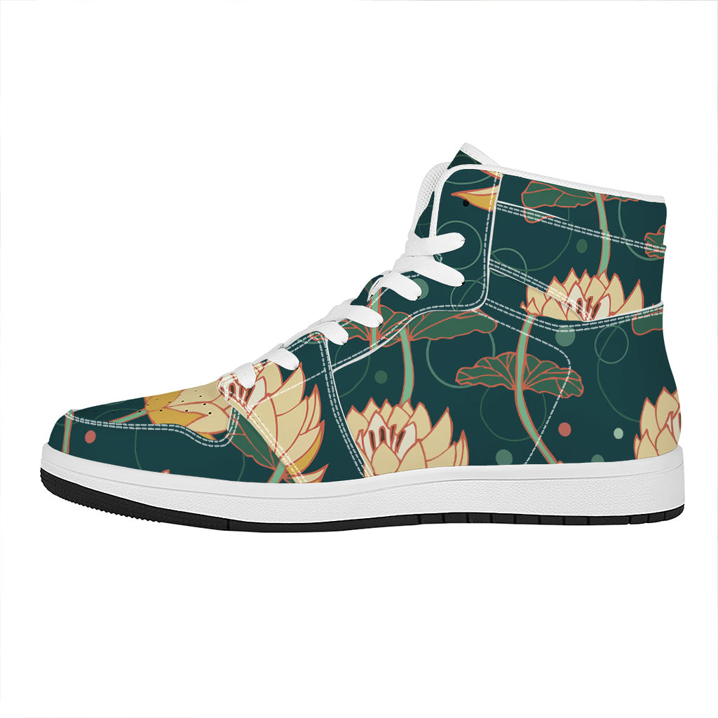 Vintage Lotus Pattern Print High Top Leather Sneakers