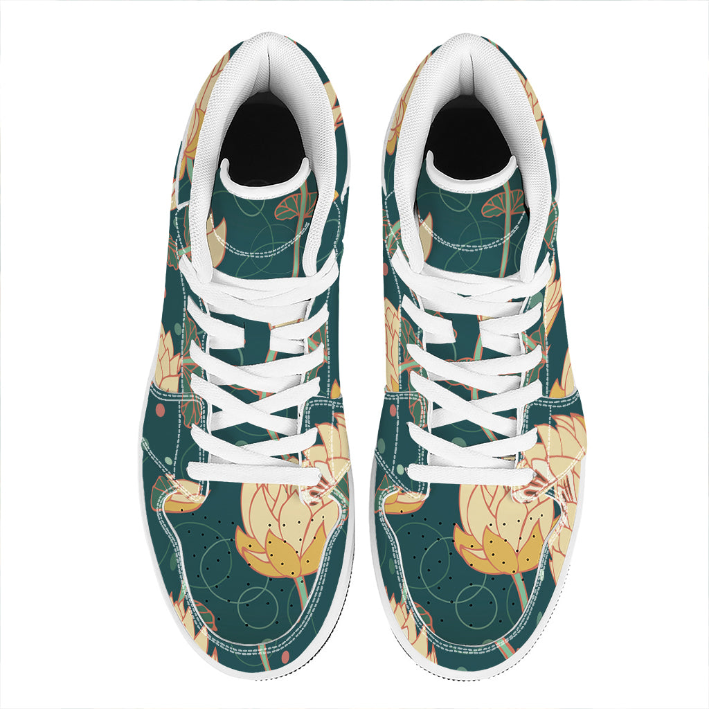 Vintage Lotus Pattern Print High Top Leather Sneakers