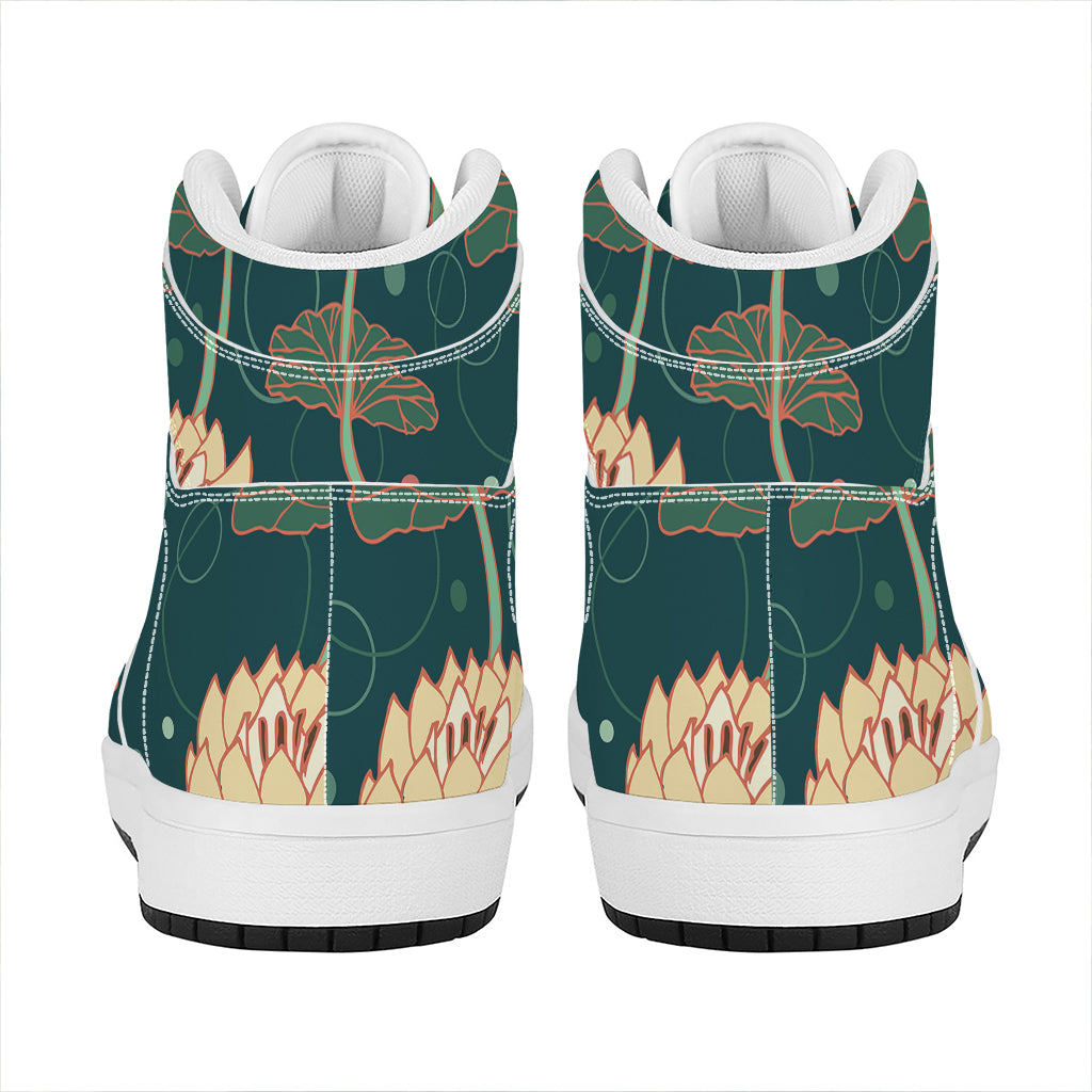 Vintage Lotus Pattern Print High Top Leather Sneakers