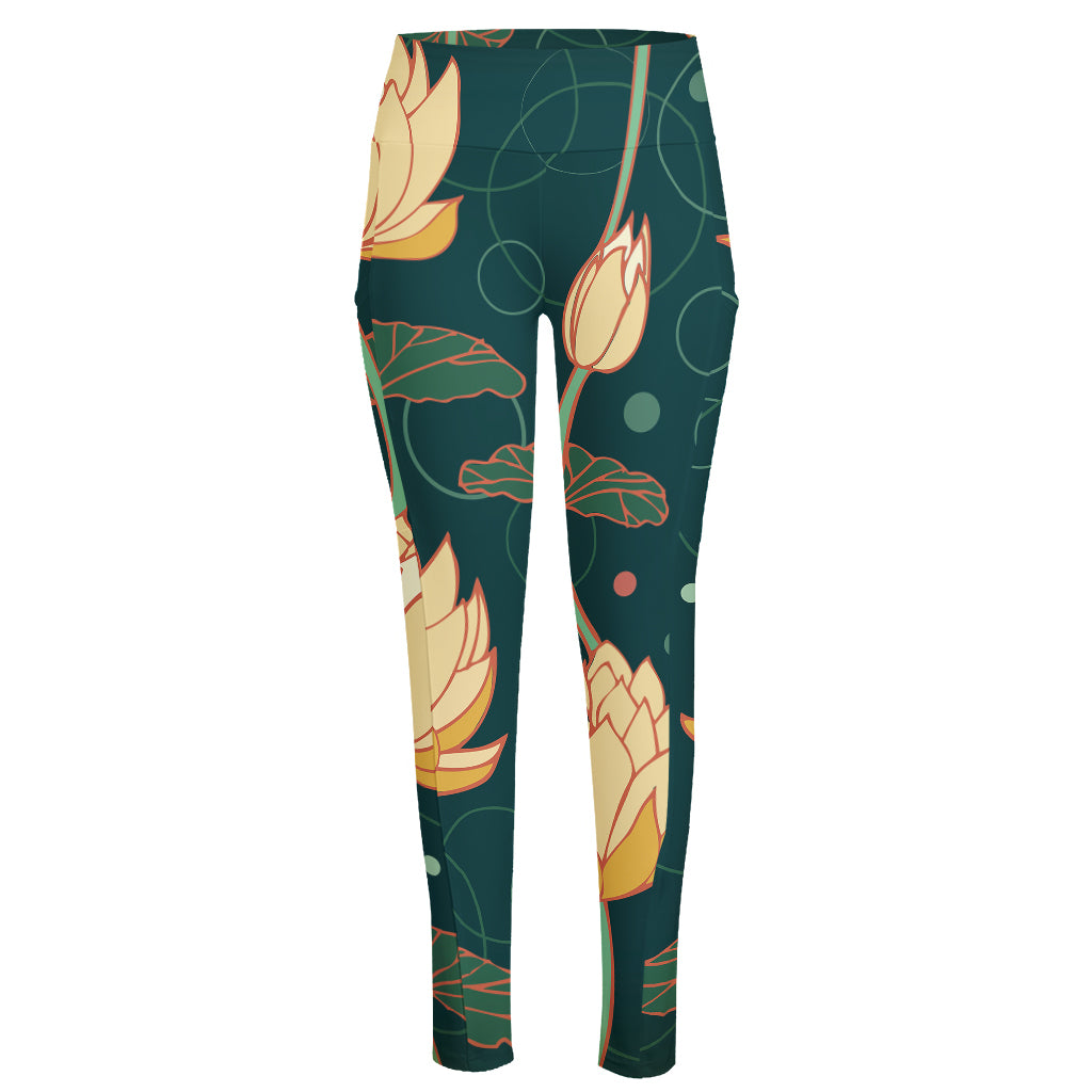 Vintage Lotus Pattern Print High-Waisted Pocket Leggings