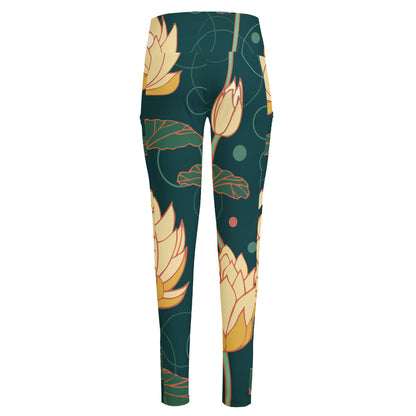 Vintage Lotus Pattern Print High-Waisted Pocket Leggings