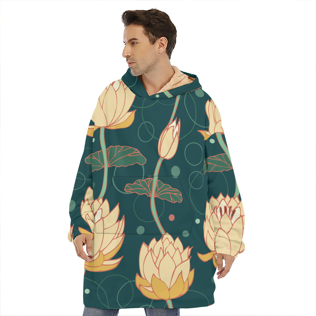 Vintage Lotus Pattern Print Hoodie Blanket
