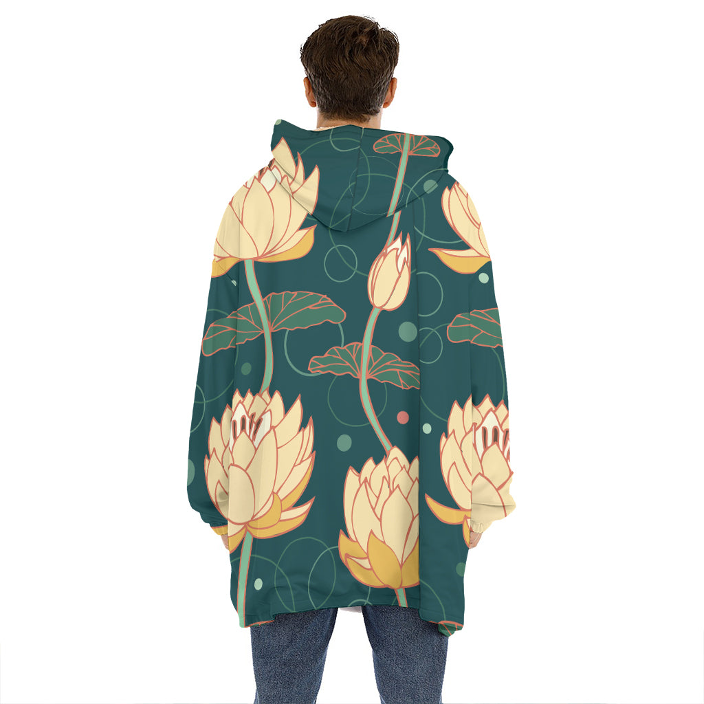 Vintage Lotus Pattern Print Hoodie Blanket