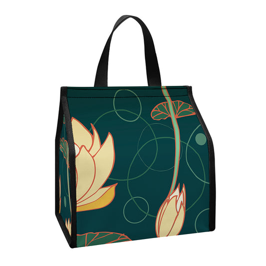 Vintage Lotus Pattern Print Insulated Lunch Tote