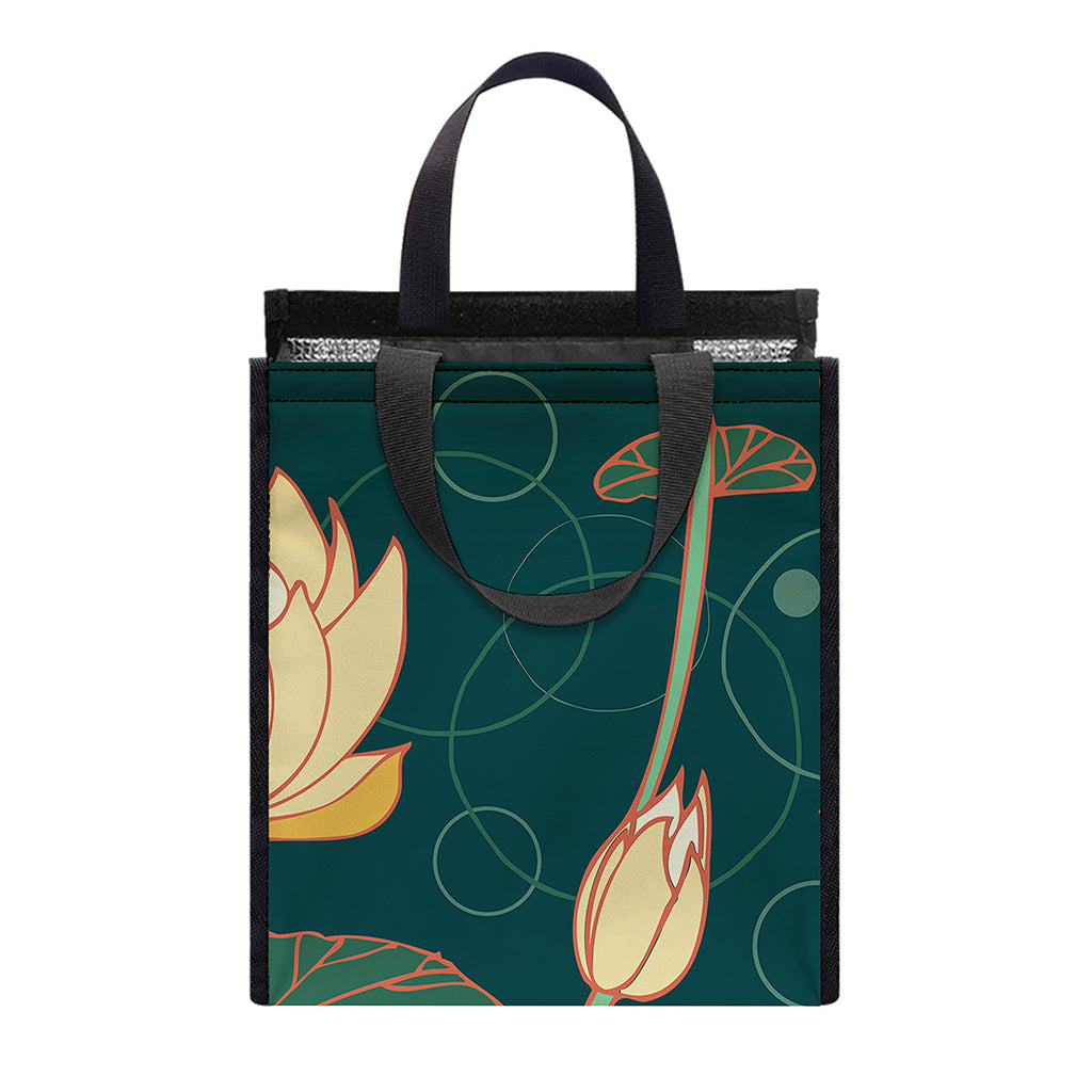 Vintage Lotus Pattern Print Insulated Lunch Tote