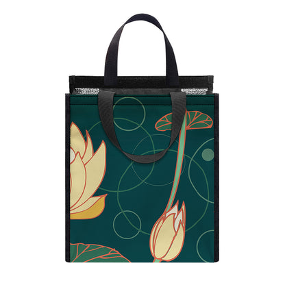 Vintage Lotus Pattern Print Insulated Lunch Tote