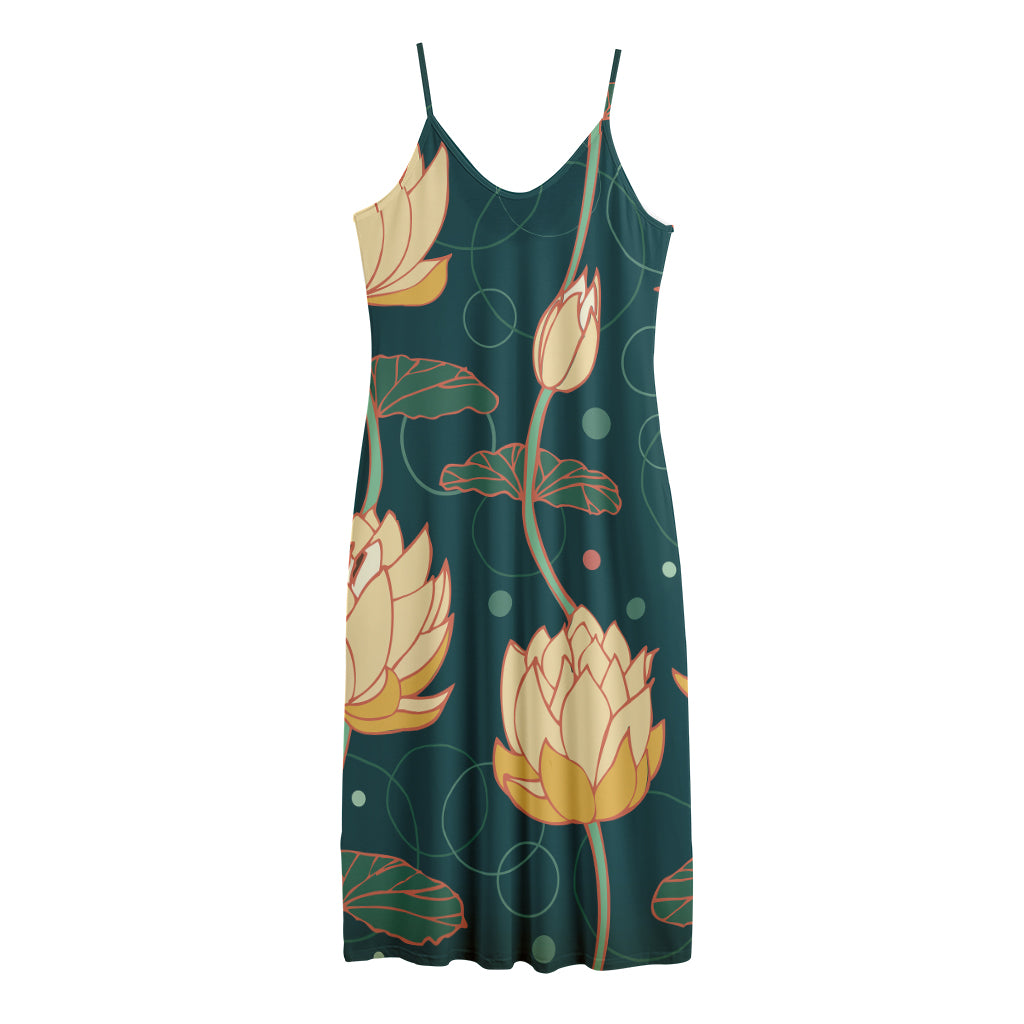 Vintage Lotus Pattern Print Jersey Midi Cami Dress