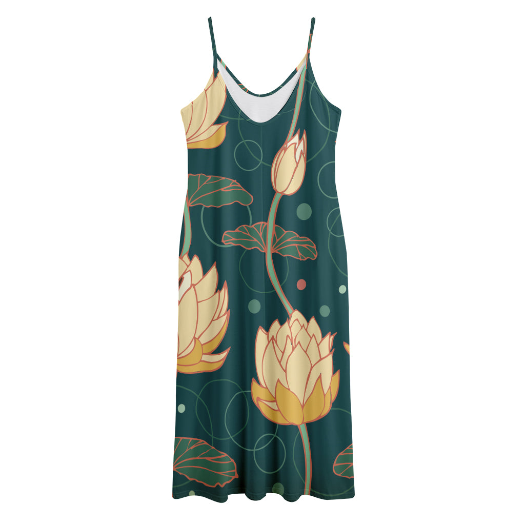 Vintage Lotus Pattern Print Jersey Midi Cami Dress