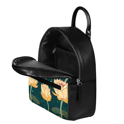 Vintage Lotus Pattern Print Leather Backpack