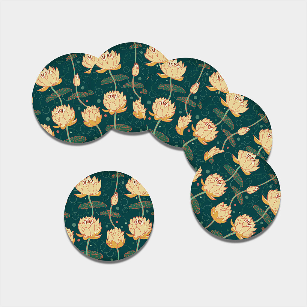 Vintage Lotus Pattern Print Leather Coaster Set