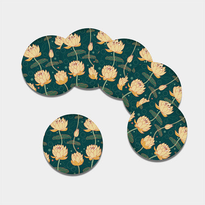 Vintage Lotus Pattern Print Leather Coaster Set