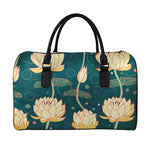 Vintage Lotus Pattern Print Leather Duffle Bag