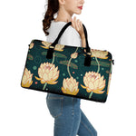 Vintage Lotus Pattern Print Leather Duffle Bag
