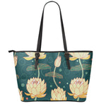Vintage Lotus Pattern Print Leather Tote Bag