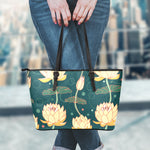 Vintage Lotus Pattern Print Leather Tote Bag