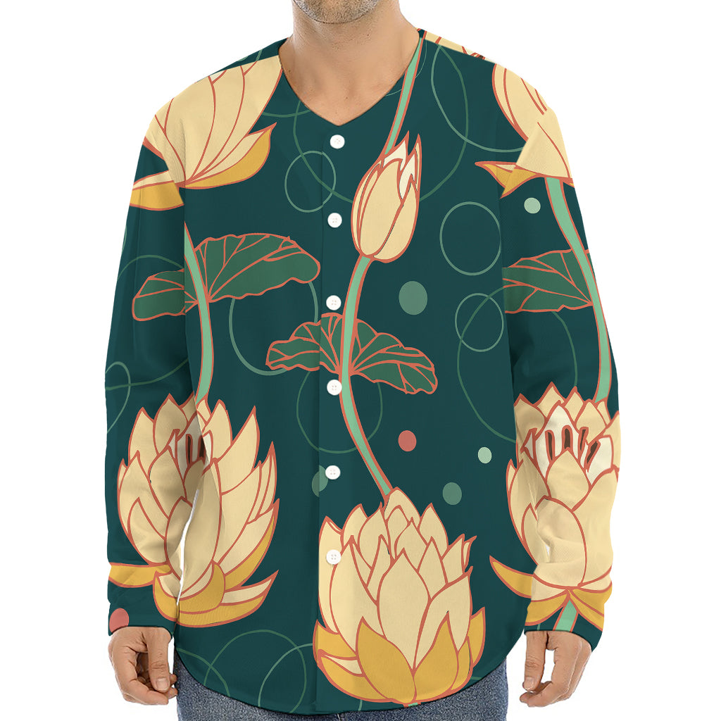 Vintage Lotus Pattern Print Long Sleeve Baseball Jersey