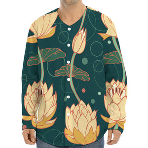 Vintage Lotus Pattern Print Long Sleeve Baseball Jersey