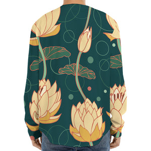 Vintage Lotus Pattern Print Long Sleeve Baseball Jersey