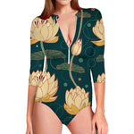 Vintage Lotus Pattern Print Long Sleeve Swimsuit