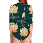 Vintage Lotus Pattern Print Long Sleeve Swimsuit