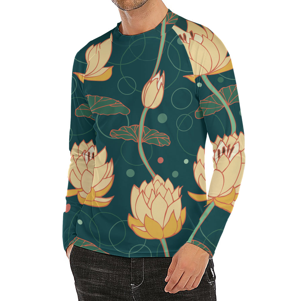 Vintage Lotus Pattern Print Men's Long Sleeve Rash Guard