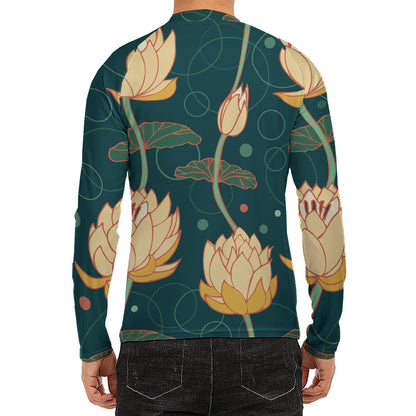Vintage Lotus Pattern Print Men's Long Sleeve Rash Guard