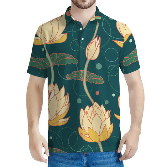 Vintage Lotus Pattern Print Men's Polo Shirt