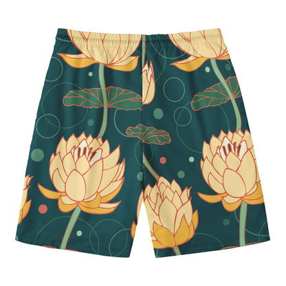 Vintage Lotus Pattern Print Men's Swim Trunks