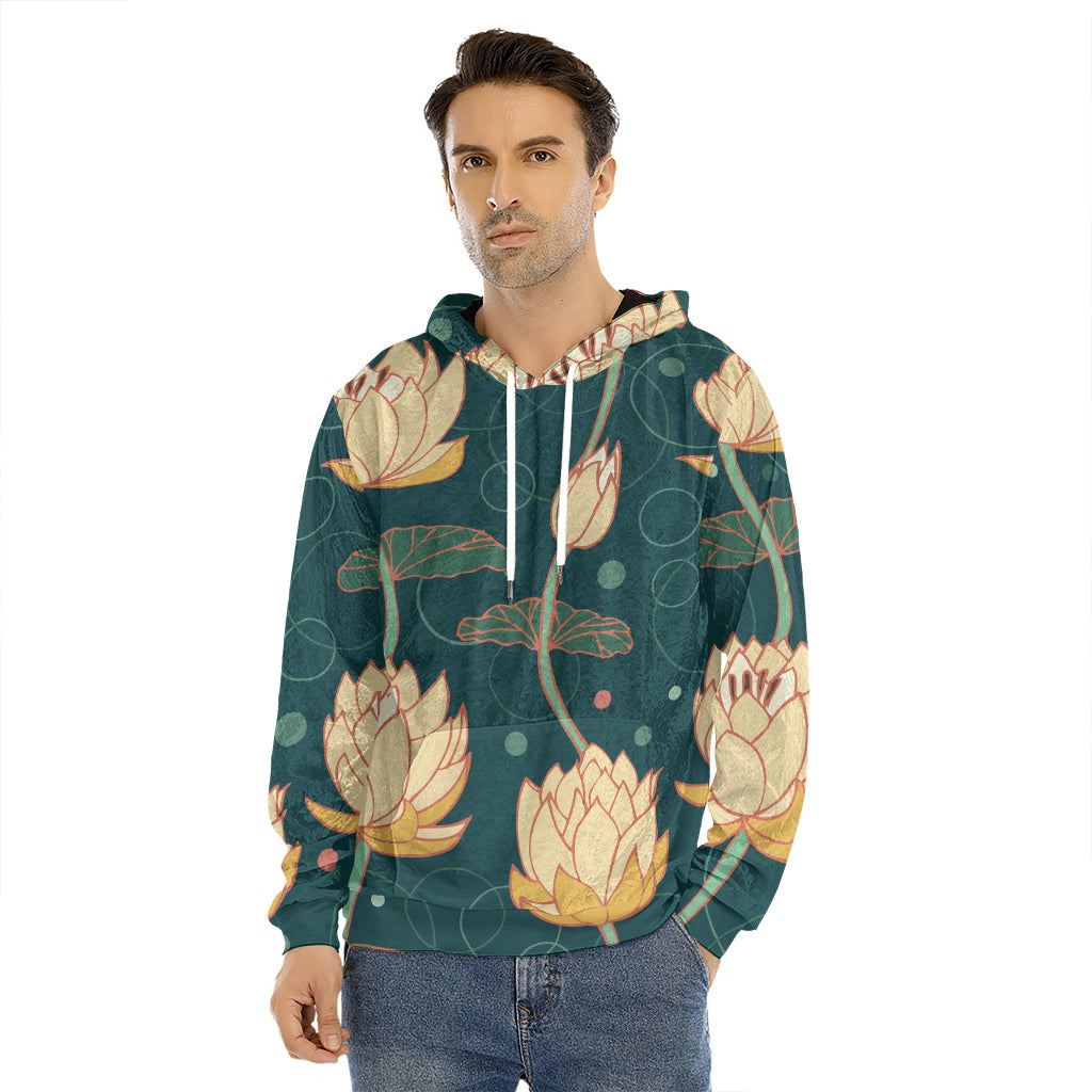 Vintage Lotus Pattern Print Men's Velvet Pullover Hoodie