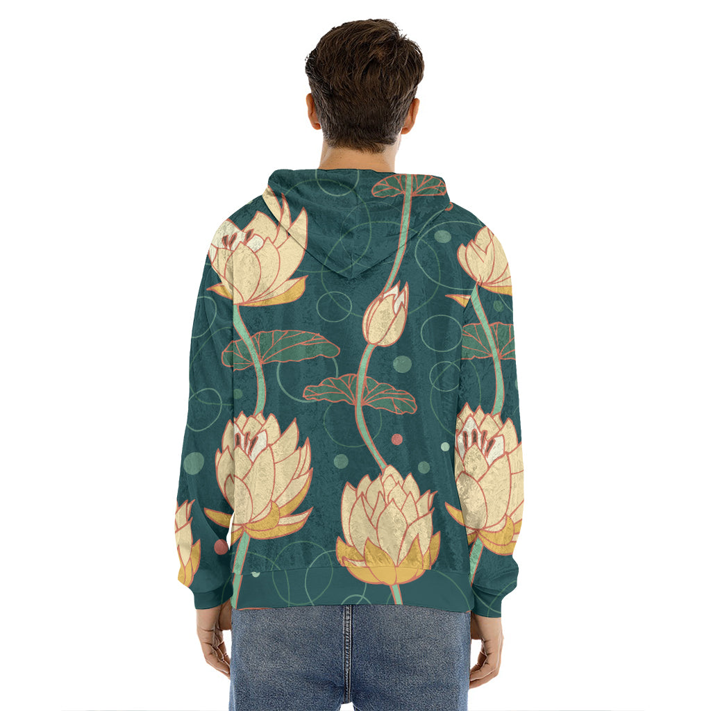 Vintage Lotus Pattern Print Men's Velvet Pullover Hoodie