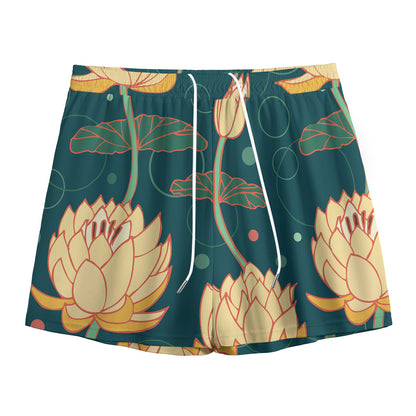 Vintage Lotus Pattern Print Mesh Shorts
