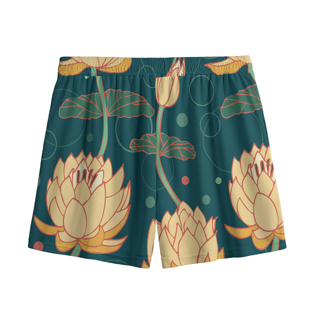 Vintage Lotus Pattern Print Mesh Shorts