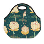 Vintage Lotus Pattern Print Neoprene Lunch Bag