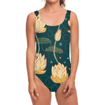Vintage Lotus Pattern Print One Piece Swimsuit