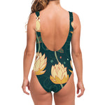 Vintage Lotus Pattern Print One Piece Swimsuit