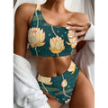 Vintage Lotus Pattern Print One Shoulder Bikini Set