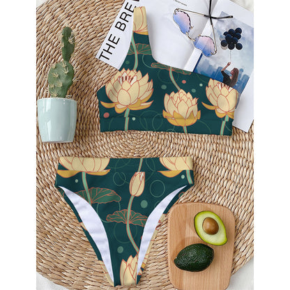 Vintage Lotus Pattern Print One Shoulder Bikini Top