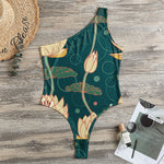 Vintage Lotus Pattern Print One Shoulder Bodysuit