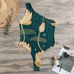 Vintage Lotus Pattern Print One Shoulder Bodysuit