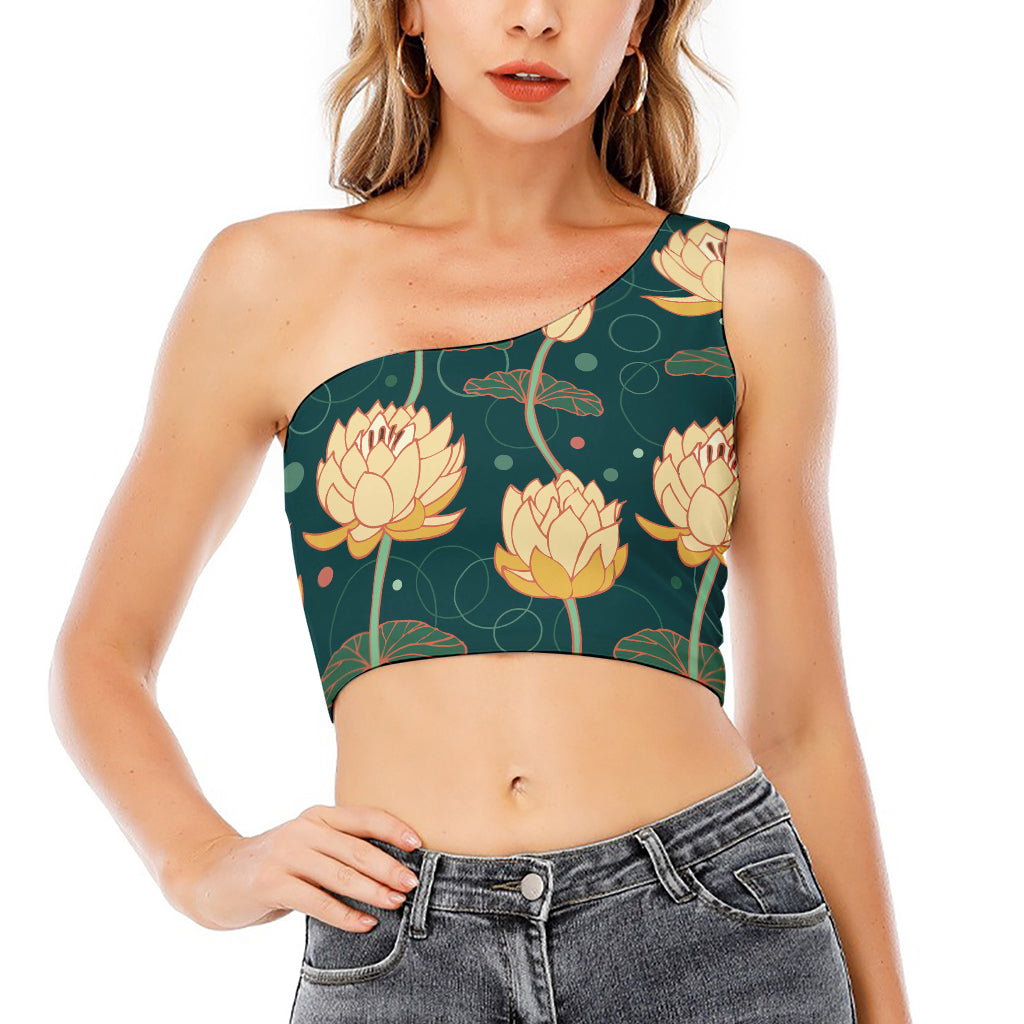 Vintage Lotus Pattern Print One Shoulder Crop Top