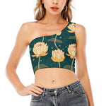 Vintage Lotus Pattern Print One Shoulder Crop Top