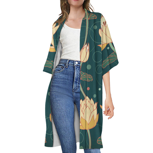 Vintage Lotus Pattern Print Open Front Beach Cover Up
