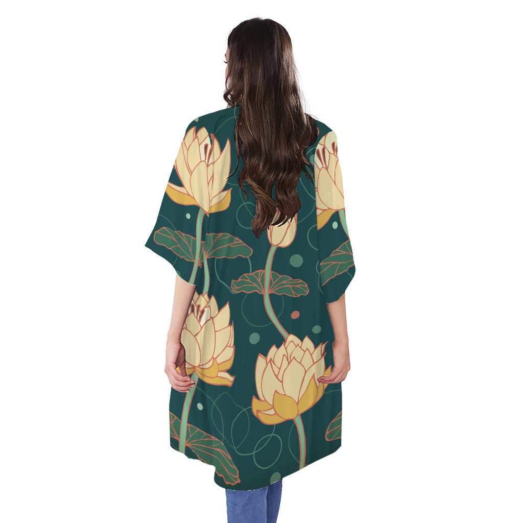 Vintage Lotus Pattern Print Open Front Beach Cover Up