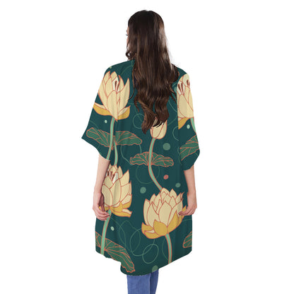 Vintage Lotus Pattern Print Open Front Beach Cover Up